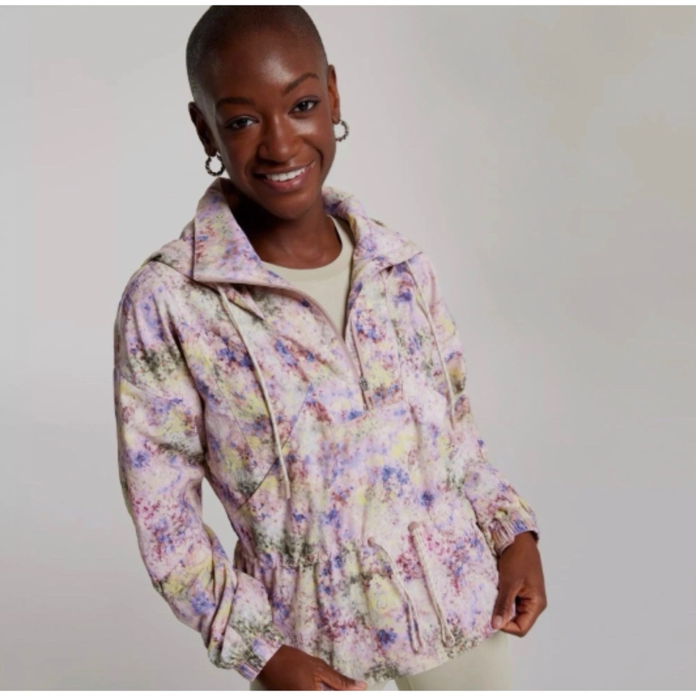 CALIA Hooded Windbreaker Women XS Eden Print Olive Floral 1/2 Zip NWT Athleisure